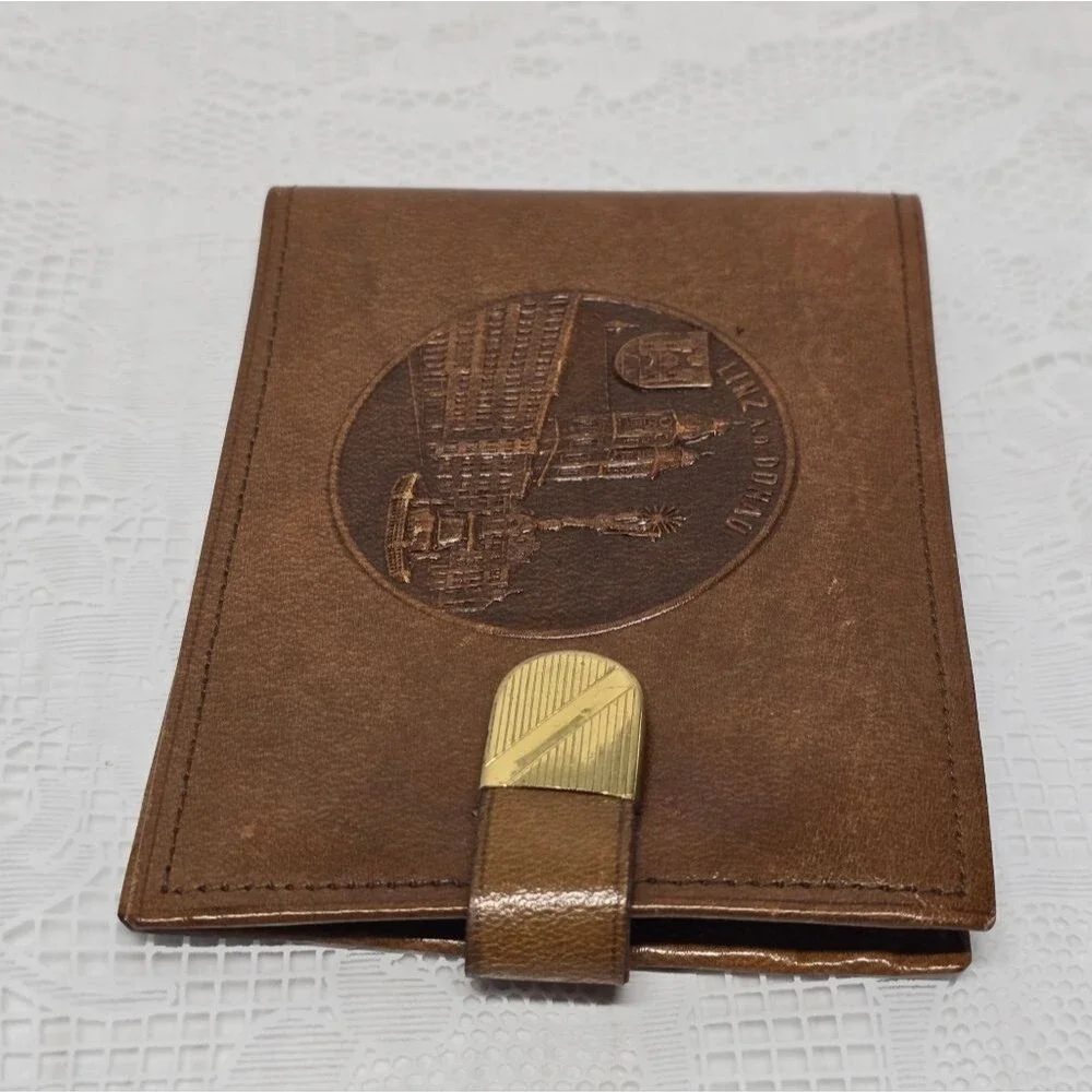 Vintage 50s Austrian Brown Leather Wallet LINZ DONAU Medallion Embossed